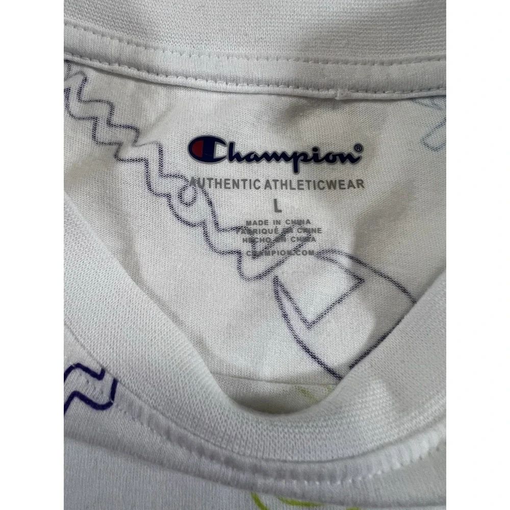Champion Shirt Boys L White Graphic Spellout Logo AOP Long‎ Sleeve Youth Kids